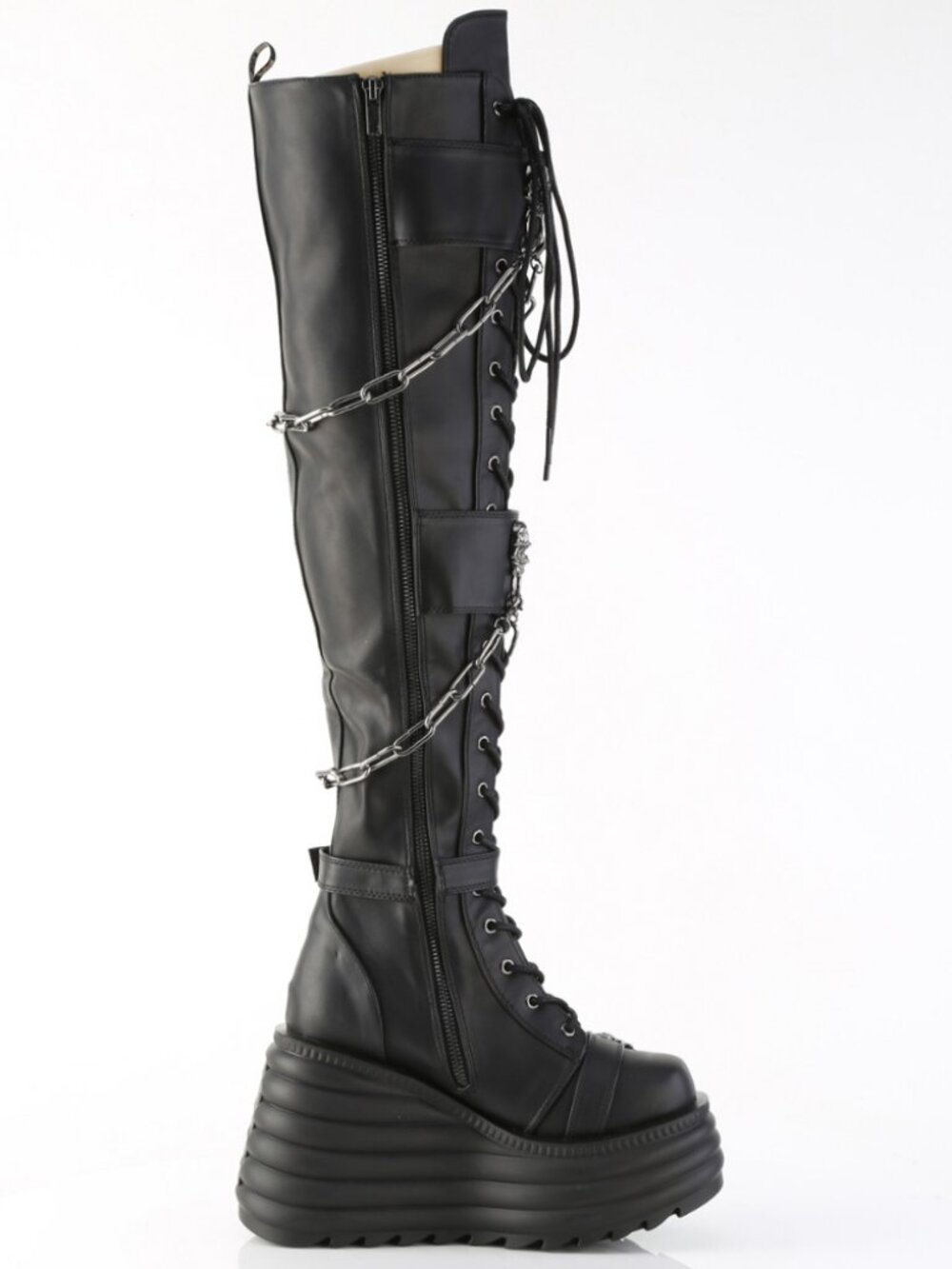 Thigh-High Boots Skull Buckle Straps, Chain Detail, Reflective Coffin Back